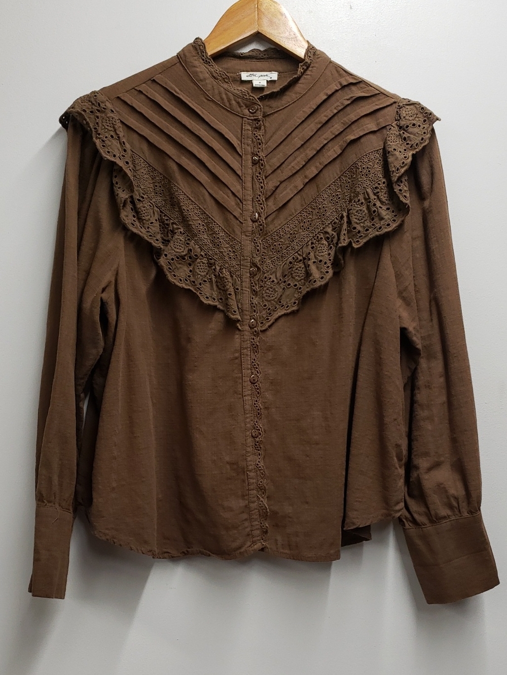 Cottagecore Prairie Vintage-Inspired Brown Lace Yoke Women's Blouse Size Medium